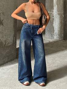 EURMUSE RueChic VINTAGE WASH HIGH WAIST WIDE LEG CUT ASYMMETRIC BELT DETAIL - Medium Wash - View 4