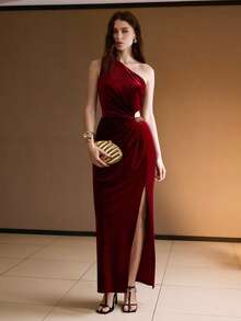 MOTF PREMIUM VELVET ONE SHOULDER HOLLOW-OUT METAL CHAIN DECOR SLIT DRESS, AUTUMN/WINTER PARTY - Burgundy - View 5
