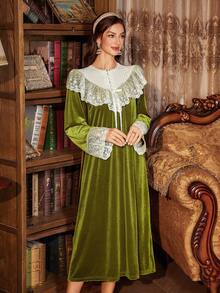 PalaceNights Women's Velvet Luxury Embroidered Floral Lace Trim Loose Long Sleeve Nightgown, Winter, Moo Moo Night Dress - Green - View 7
