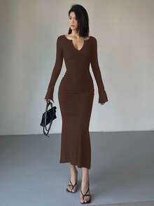 Livesso Women's V-Neck Wrap Long Sleeve Midi Dress - Brown - View 4