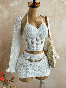 Soleia 休闲度假西部海滩婚礼宾客服装、毕业早午餐、圣帕特里克节春假复活节音乐节、优雅波西米亚热带纹理露背女士两件套针织套装 - 白色 - 查看 5