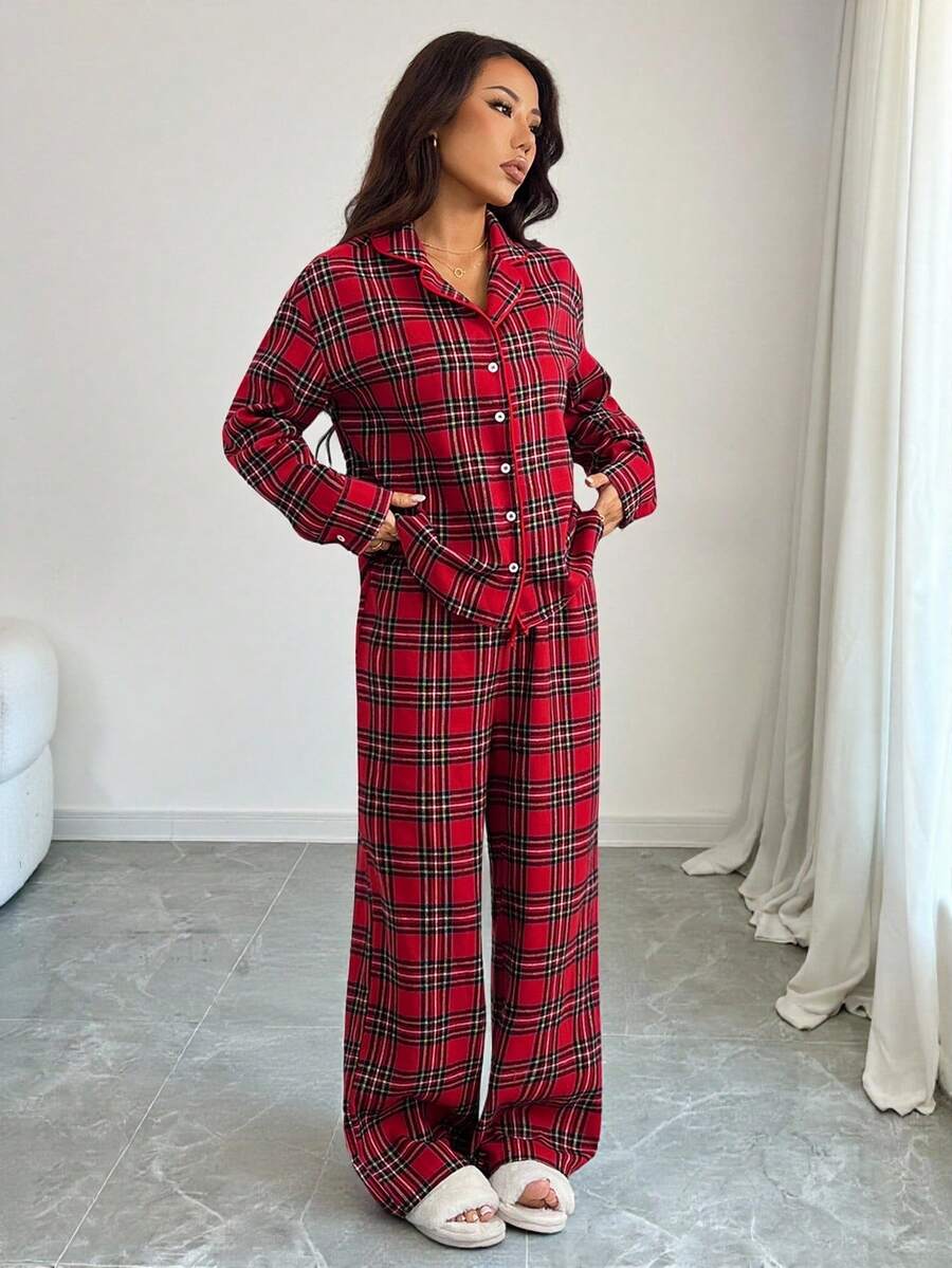 SHEIN PETITE Dames Nachtmode Pyjama Set Check Red Top And Pants Twill, Christmas - Burgundy - View 1