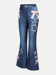 Sweetra Young Girls Bowknot Decor Printed Jeggings & Halter Neck Top 2 Pieces Casual Set - Black - View 3
