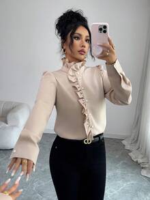 Modelyn Ruffle Trim Puff Sleeve Blouse Women Shirt - Apricot - View 3