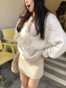 DAZY 女士圆领针织毛衣，3D蝴蝶结装饰，韩版长袖 - 白色 - 查看 12