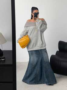 POPSWAY Damen Oversized Sweatshirt mit Off-Shoulder, Patchwork, Rippstrick, lässig und bequem in Große Größen - Grau - Übersicht 3