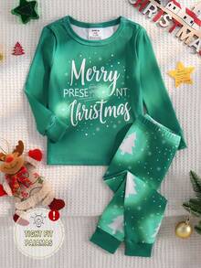 Infant/Toddler Boys' Green Christmas Tree Solid Color Long Sleeve Snug Fit Pajama Set