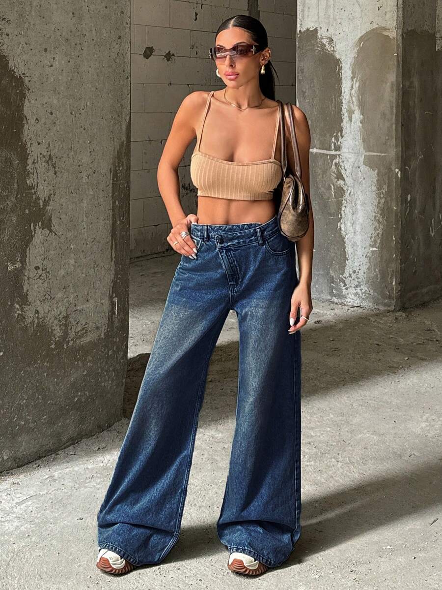 EURMUSE RueChic VINTAGE WASH HIGH WAIST WIDE LEG CUT ASYMMETRIC BELT DETAIL - Medium Wash - View 1