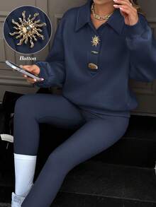 EMERY ROSE Áo nỉ dài tay dáng rộng thoải mái cho nữ có họa tiết mặt trời bằng kim loại, phù hợp cho mùa thu/đông - Màu xanh hải quân - Xem 1