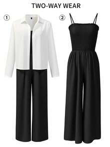 Franclia 2件套女士休闲白色衬衫和黑色连体裤套装 - 黑與白 - 查看 7