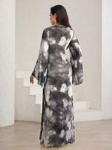 Veilorie 女式扎染印花喇叭袖美人鱼下摆优雅阿拉伯连衣裙 - 彩色 - 查看 2