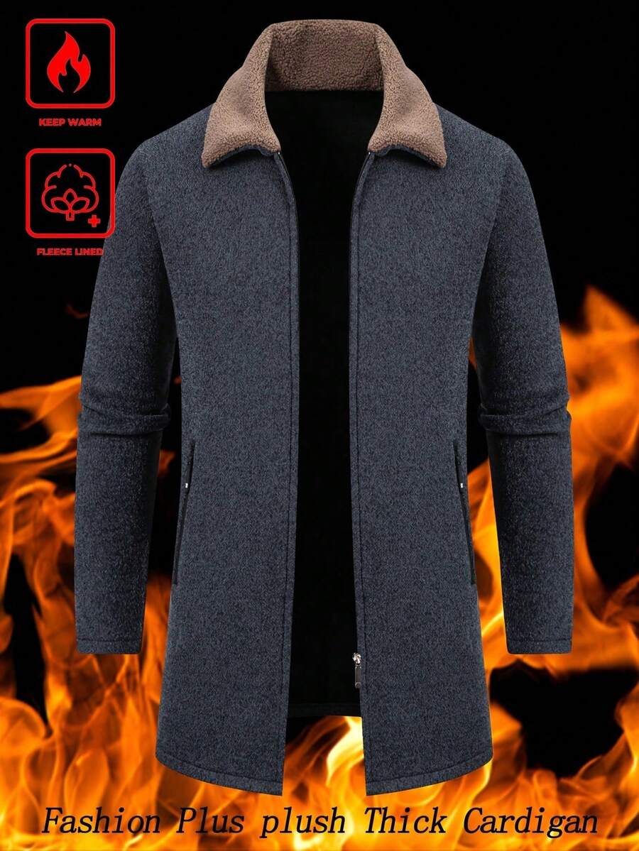 Manfinity Homme 男士长袖毛领针织开衫,中长款,适合秋冬季穿着,可用于聚会、办公室、居家、通勤和户外活动。 - 深灰色 - 查看 1