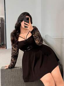 Flirla Vibekara 加大码女式性感派对蕾丝拼接 A 字长袖褶皱胸围优雅复古浪漫修身可爱简约连衣裙，适合日常穿着、返校、生日、派对、婚礼嘉宾、鸡尾酒会 - 棕色 - 查看 6