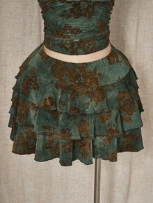 SHEIN ICON 大码复古扎染绿色中长裙，适合秋季、度假、约会、海滩穿着，也可作为秋季西部风嬉皮裙穿着。 - 綠色 - 查看 3