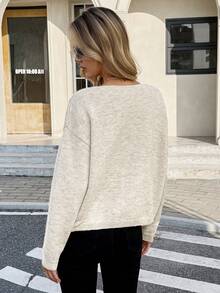 Serisse Jersey holgado de punto con cuello en V, manga larga y hombros caídos, en unicolor, con decoración de lentejuelas para mujer - Albaricoque - Ver 2