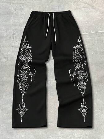 Men's Retro Print Drawstring Waist Gothic Sweatpants