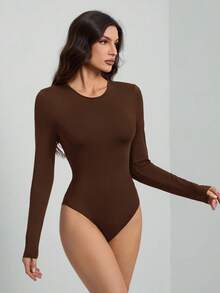 SHEIN Tall 纯色长袖修身黑色T恤连体衣 - 棕色 - 查看 5