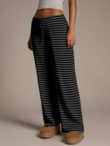 Aloruh بنطلون نسائي جديد ذو خصر منخفض مخطط باللونين الأسود والرمادي، مناسب للخارج والكاجوال والرياضة في فصلي الخريف والشتاء - الأسود - مشاهدة 5