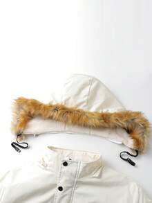 Manfinity Hypemode 男士休闲连帽长袖羽绒服，带翻盖口袋和毛领，秋冬季 - 卡其色 - 查看 4