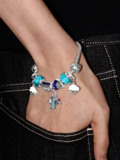 Y2Kool 1pc Women's Beaded Bracelet, Ocean Series Blue Starfish Shell Boat Design