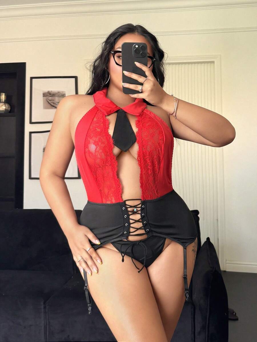 Spicy Aura Plus Size Lace Patchwork Roleplay Secretary Lingerie, For Christmas - Red - View 1