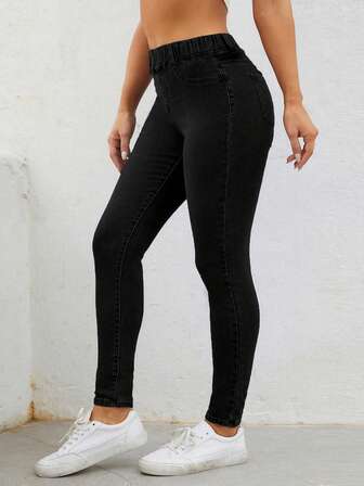 Flexra Plusstorlek Dam Denim Sportiga Casual Leggings