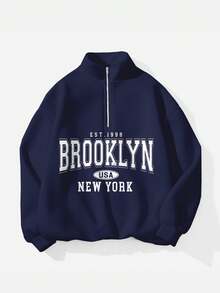 Attitoon Áo nỉ cổ cao dáng rộng, khóa kéo nửa thân, phong cách retro Mỹ dành cho nữ, phù hợp cho mùa thu/đông, chất liệu nỉ in hình. - Màu xanh hải quân - Xem 2