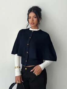Elenzga Poncho femme boutonné, élégant cardigan tricoté chauve-souris - bleu indigo - Voir 6