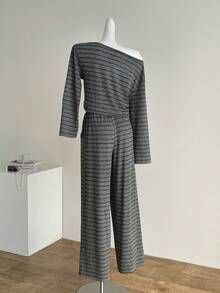 SHEIN LUNE 2pcs/Set Women Striped One-Shoulder Long Sleeve Top And High Waist Wide Leg Pants With Drawstring Tie, Casual Homewear - Multicolor - View 2