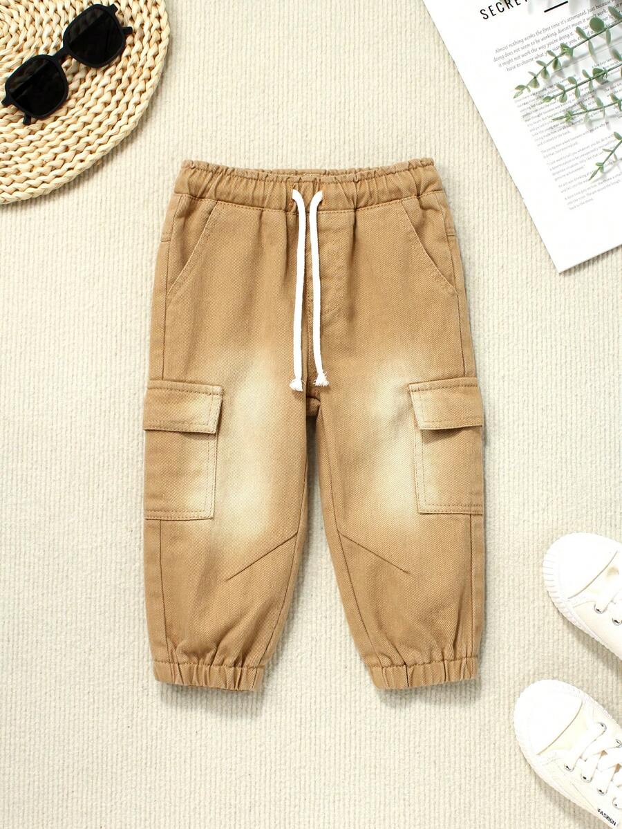 SHEIN Playful Pals Baby Boy Casual All-Match Versatile Comfortable Elastic Waist Washed Denim Jeans - Khaki - View 1