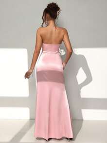 Almamuse Váy midi xẻ cao xếp nếp đính kim cương pha lê dành cho nữ, không dây, màu hồng - Hồng - Xem 2