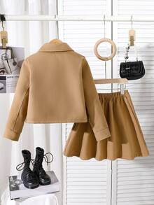 Elladie kids Tween Girls Elegant Fluffy Decor Long Sleeve Overcoat Paired With Pleated Skirt Outfit - Khaki - View 2