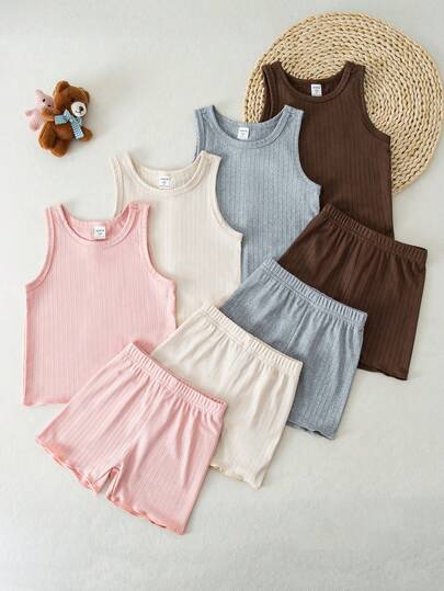 Bộ 8 món/Bộ đồ lót dệt kim gân cổ tròn và quần short cho bé gái, đồ lót nhiều lớp thường ngày, có sẵn màu xám, nâu, be, hồng, thu/đông