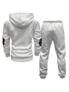 Manfinity Homme 男士撞色半拉链连帽抽绳休闲压花运动衫套装 - 白色 - 查看 2