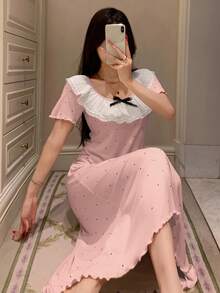 DAZY 波尔卡圆点印花荷叶边领女式睡袍，女式家居服连衣裙 - 淺粉色 - 查看 3