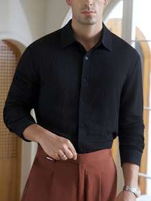 Manfinity Bizformal Men's Solid Color Long Sleeve Casual Button-Front Versatile Dress Shirt Men Textured Black Shirt Men Elegant Shirt Men Black Shirt Men Business Casual Shirt Black Formal Men Shirt Halloween Winter Black Vintage Boys Old Money Festival Wedding Guest Men's Prom - Black - View 3