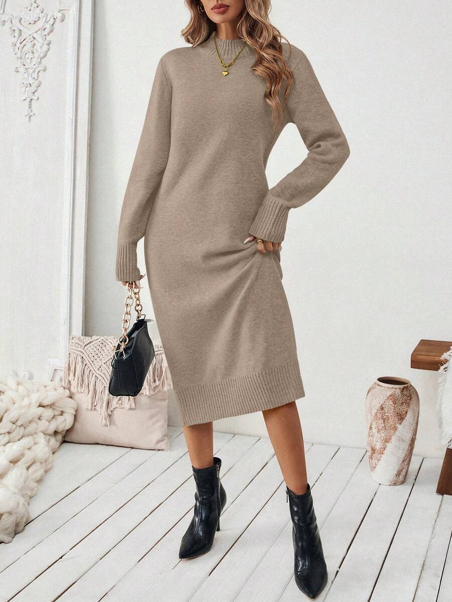 SHEIN Vestido de punto de unicolor casual para mujer, versátil para otoño/invierno - Caqui - Ver 1