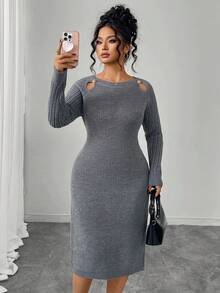 Elenzga Plus Size Women Hollow Out Solid Color Fitted Casual Knit Sweater Dress