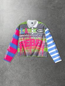 ROMWE MEN Street Life Camiseta de manga larga con rayas de contraste y estampado de letras para hombre - Multicolor - Ver 1