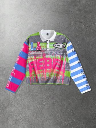 Street Life Camiseta de manga larga con rayas de contraste y estampado de letras para hombre