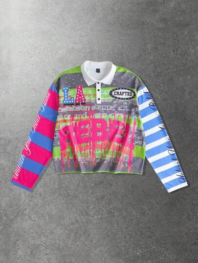 Street Life Camiseta de manga larga con rayas de contraste y estampado de letras para hombre