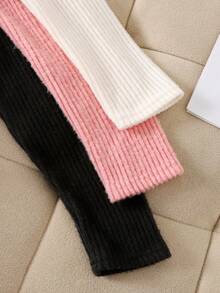 SHEIN 3件套 少女休闲罗纹针织刺绣蝴蝶结高领修身T恤，加厚保暖内衬，秋冬女童套头衫 - 彩色 - 查看 4