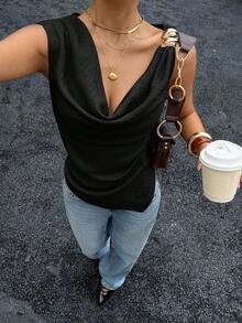 Siren Gaze 女式不对称领口褶皱腰衬衫，性感优雅办公室女士上衣，肩部饰有金属纽扣装饰，时尚、通勤、优雅、性感、度假、海滩、夏威夷、垂坠领口、外套 - 黑色 - 查看 5