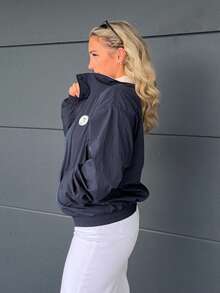 Jeta Ari معطف نسائي بياقة مزيفة مطبوع، بسحاب إغلاق، أكمام طويلة، قصة فضفاضة، مبطن بالفليس، ملابس نسائية للخريف - أزرق بحري - مشاهدة 4