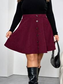 SHEIN CURVE+ Chân váy chữ A tối giản màu trơn cỡ lớn cài nút phía trước, mặc thường ngày - Màu Đỏ Sâu - Xem 5