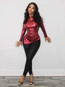 BamGleam Women's Solid Color Ruched Fitted Sexy Long Sleeve T-Shirt - Burgundy - View 6