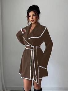 Elenzga Women's Fashionable Color Block Trim Jacket, Autumn/Winter - Brown - View 4