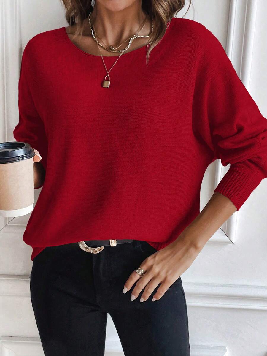 SHEIN LUNE Women's Casual Versatile Solid Color Batwing Sleeve Sweater - Red - View 1