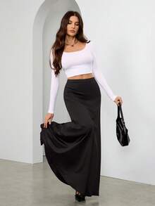 SHEIN Tall 女式松紧腰纯色简约时尚长款 A 字裙，女士休闲不对称长款常规版型自然黑色纯色女裙，春秋季，休闲日常穿着