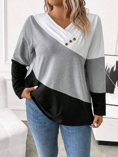 EMERY ROSE Plus Color Block Button Detail Tee Graphic Tees Women Tops